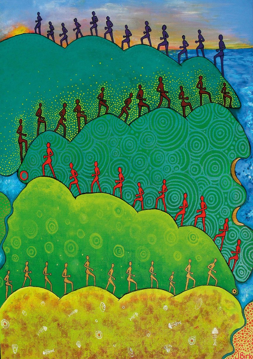Indigenous illustration of human figures walking up a hill