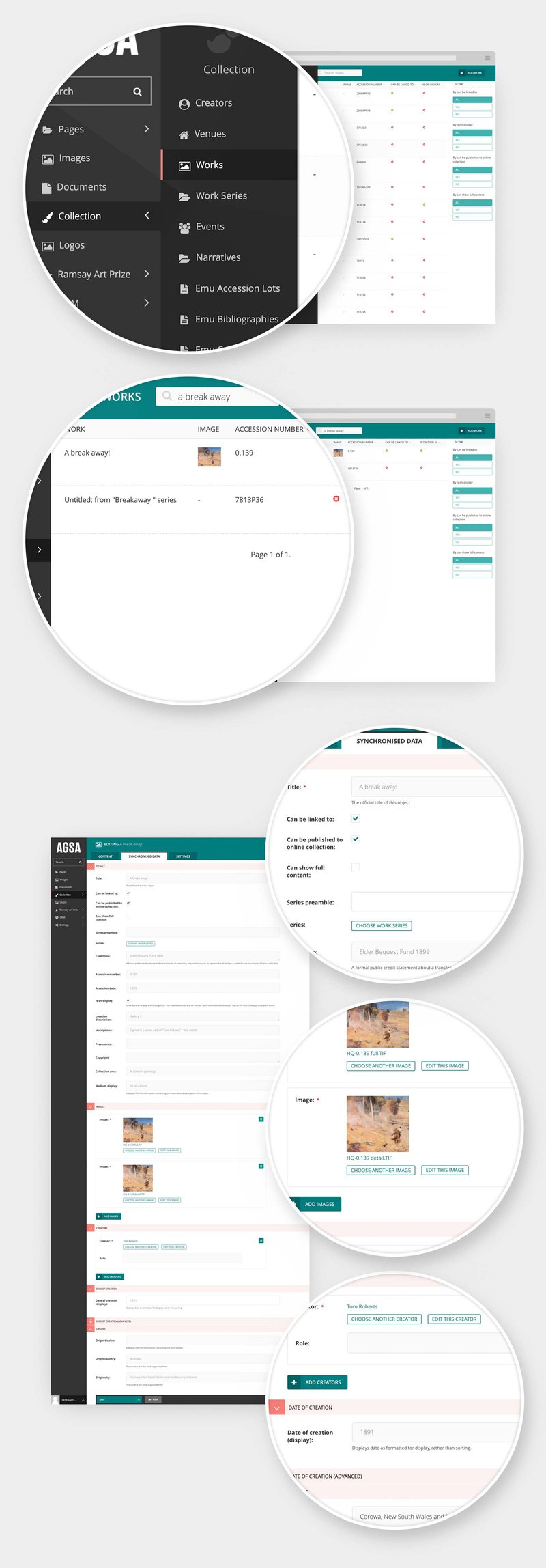 Screenshots of the AGSA collection inside the CMS admin