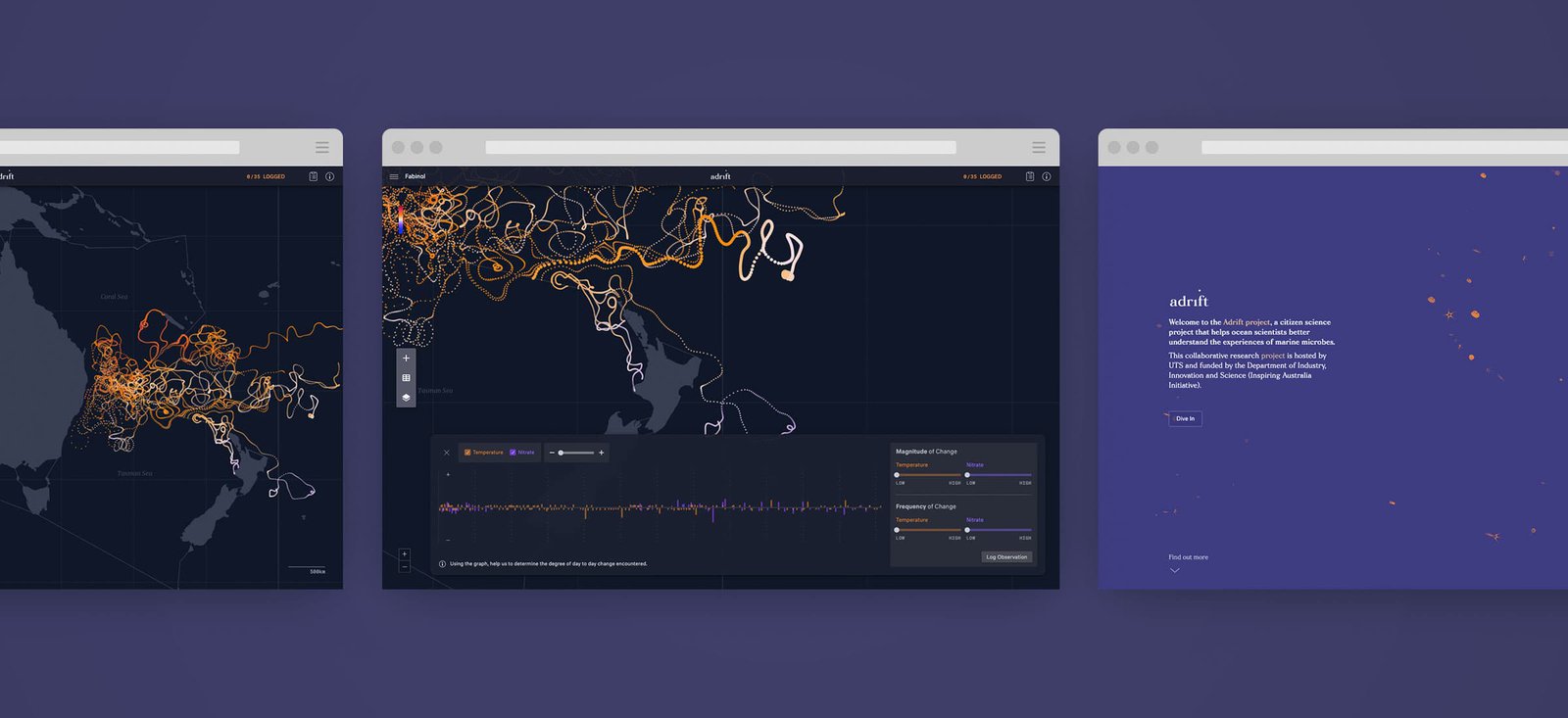 Screenshots of the Adrift app